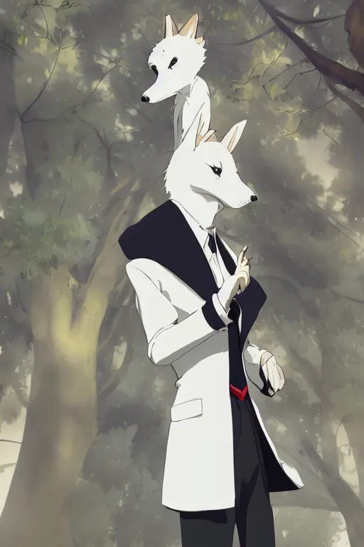 Image similar to Louis from Beastars wearing a white formal coat conversing with a crow, hyperrealistic, concept art, octane render, trending on DeviantArt, highly detailed, high quality, 8K, soft lighting, cute, natural lighting, anime face, trending on Artstation, e621, elegant clothes, profile picture, path traced, house background