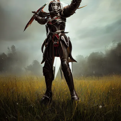 Prompt: a divine templar in heavy armor standing in a field, au naturel, hyper detailed, digital art, trending in artstation, cinematic lighting, studio quality, smooth render, unreal engine 5 rendered, octane rendered, art style by klimt and nixeu and ian sprigger and wlop and krenz cushart