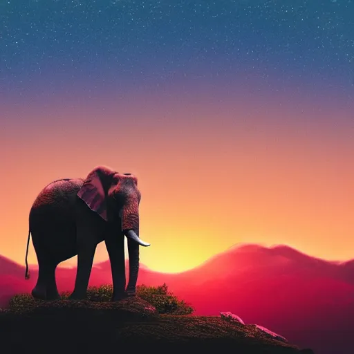 Image similar to a heroic elephant watching yesterday's sunset over the mountains in the style of synthwave, digital art, 4k