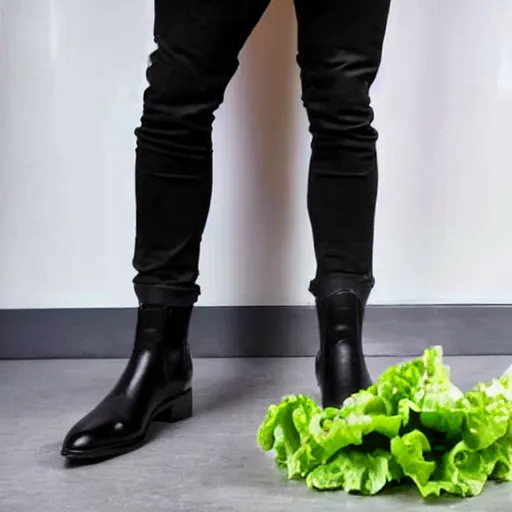 Prompt: man with black pants and black boots standing in a plastic bin of lettuce