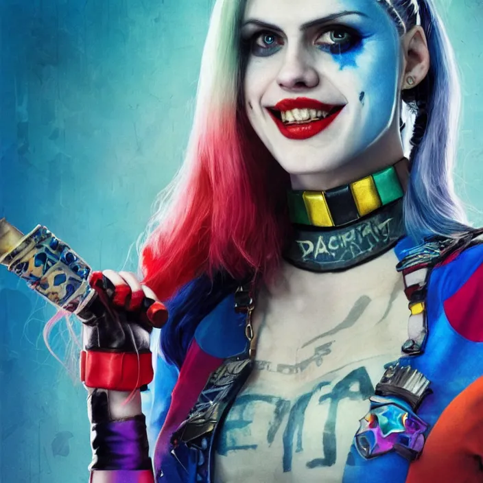 Image similar to portrait of alexandra daddario as a harley quinn in suicide squad. intricate abstract. intricate artwork. by tooth wu, wlop, beeple, dan mumford. octane render, trending on artstation, greg rutkowski very coherent symmetrical artwork. cinematic, hyper realism, high detail, octane render, 8 k, iridescent accents