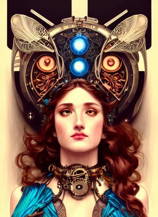 Image similar to the goddess artemis smirking with mechanical owl perched on her shoulder, steampunk, glowing eyes, volumetric lights, red and cyan theme, art nouveau botanicals, intricate, highly detailed, digital painting, artstation, concept art, smooth, sharp focus, cinematic, illustration, beautiful face, art by artgerm and greg rutkowski and alphonse mucha