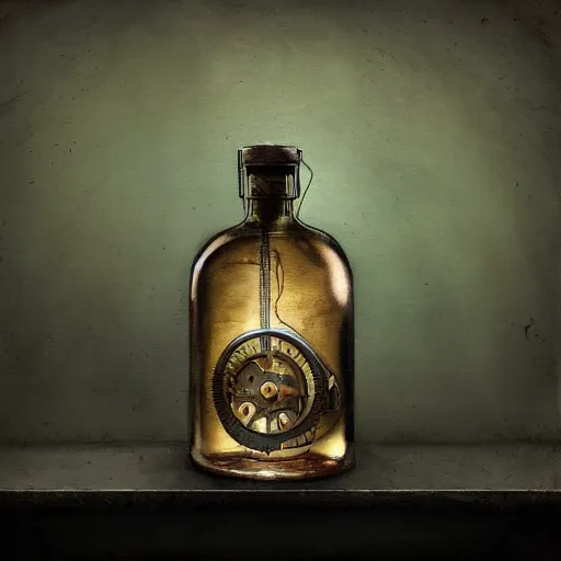 Prompt: a painting of a steampunk navy potion bottle in a dark dusty vintage science lab, by h. r. giger, hyperrealistic fantasy art, concept matte, ethereal, dreamy, digital art, trending on artstation, volumetric cinematic lighting