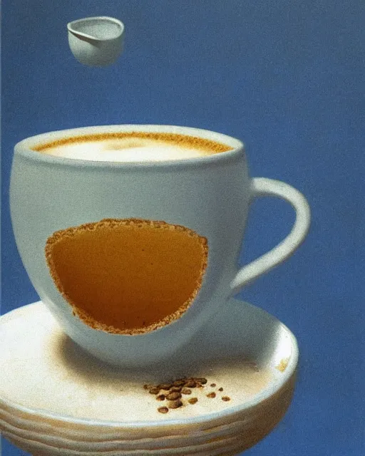 Prompt: michael sowa's 'brain floating inside cup of coffee', still life, far shot, blue background, vibrant, brain, realism