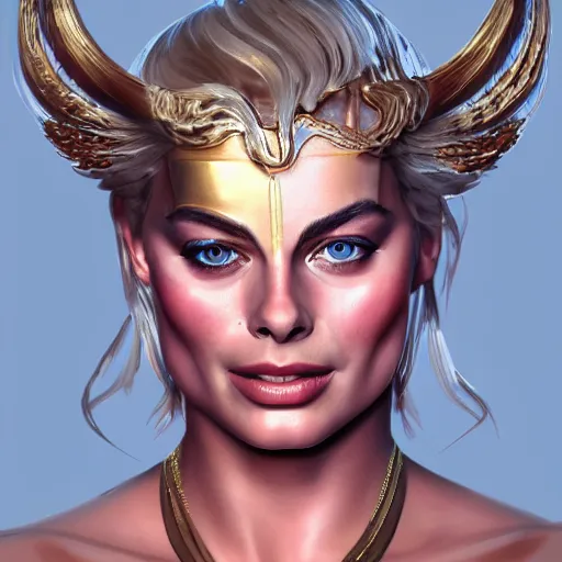 Image similar to margot robbie as a beautiful greek god, highly detailed, detailed face, digital art, trending on artstation