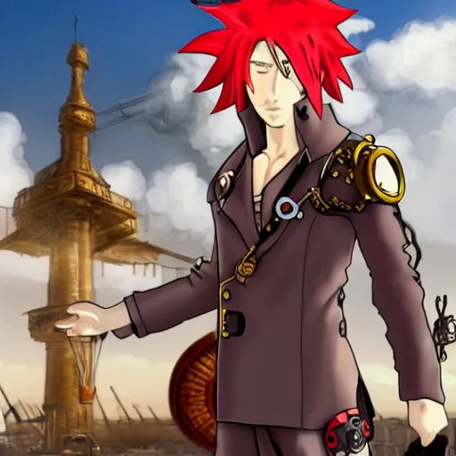 Prompt: male sky-pirate with long red hair in front of a steampunk airship, full metal alchemist, anime style