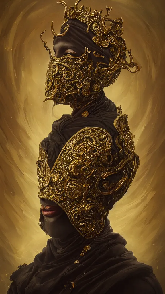 Image similar to black decadent hood, gold intricately detailed ornate metal mask, ornate background, portrait, realism, cinematic lighting, specular lighting, 8 k, artstation, octane render, peter mohrbacher, alfonso mucha, zdzisław beksinski