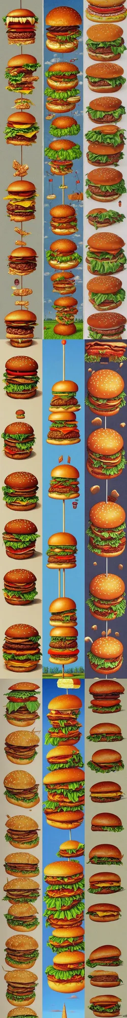 Prompt: extremely tall hamburger by codex seraphinianus, trending on artstation, favorites on deviantart, high quality art. artwork masterpieces, award winning