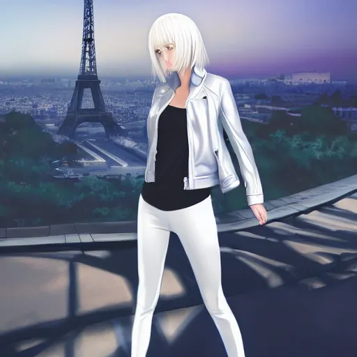 Image similar to platinum - blonde - haired long bob cut blue - eyed princess wearing white leggings and black jacket, standing next to communist monument, futuristic paris, anime, hd anime wallpaper, hyperrealistic lighting, octane render, volumetric lighting, drawn by artgerm