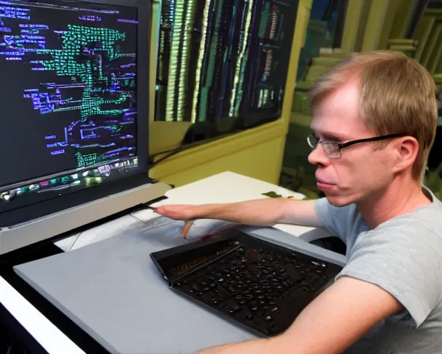 Image similar to john carmack writes code for minecraft! in pascal! on the laptop, bw photo