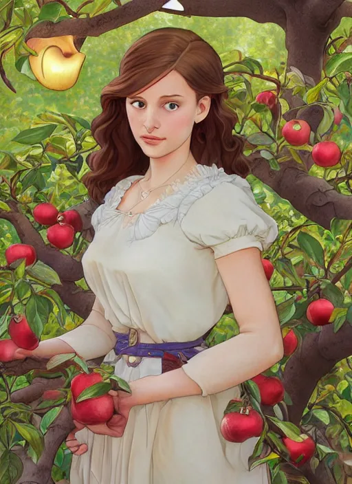 Image similar to well - lit art nouveau portrait of a 1 3 - year old girl wih resembles natalie portman and emily browning looking distressed under an apple tree, natural lighting, path traced, highly detailed, high quality, cartoon, digital painting, by don bluth and ross tran and studio ghibli