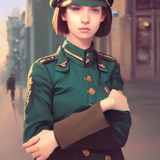 Image similar to young woman with shoulder length light brown hair and hazel eyes dressed in a sharp dark teal military uniform and beret, blurred city background in twilight lighting, ilya kuvshinov, anime, greg rutkowski, guweiz, ross tran, artstation trending, artgerm, concept art, digital painting, painterly