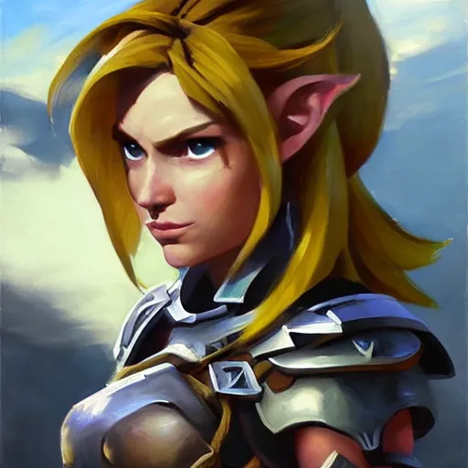 Image similar to greg manchess portrait painting of partially armored female link from legend of zelda as overwatch character, medium shot, asymmetrical, profile picture, organic painting, sunny day, matte painting, bold shapes, hard edges, street art, trending on artstation, by huang guangjian and gil elvgren and sachin teng