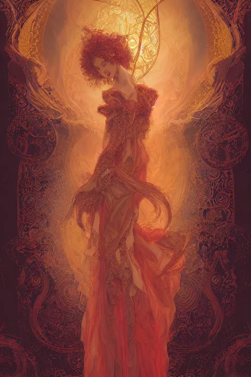 Image similar to tarot card artstation, portrait of a ghostly love dancer, sunrise, baroque ornament and rococo ornament, ancient chinese ornate, hyperdetailed, beautiful lighting, craig mullins, mucha, klimt, yoshitaka amano, red and gold and orange color palette