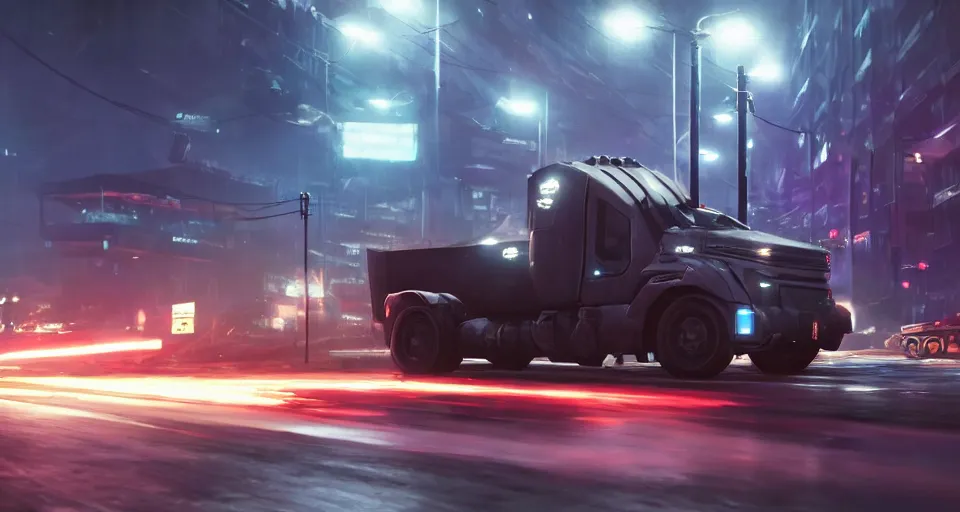 Image similar to closeup photo of combat tesla cybertruck driving on wet dystopian cyberpunk city streets at night, mad max, action, speed, volumetric lighting, hdr, gta 5, makoto shinkai, syd mead, craig mullins, cinematic, fast and furious, octane, 8 k, iso 1 0 0, 1 2 mm