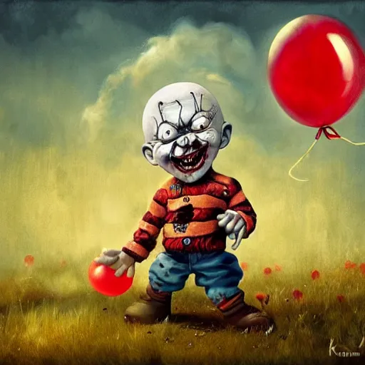 Image similar to grunge cartoon landscape painting of chucky with a wide smile and a red balloon by - michal karcz, loony toons style, pennywise style, horror theme, detailed, elegant, intricate