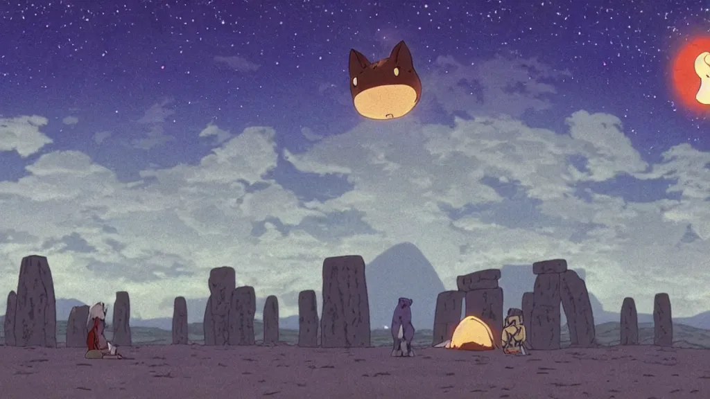 Image similar to a cell shaded cartoon movie still from princess mononoke ( 1 9 9 7 ) showing a golden ufo over stonehenge. in the background is machu pichu on a misty and starry night. very dull muted colors, hd, 4 k, hq