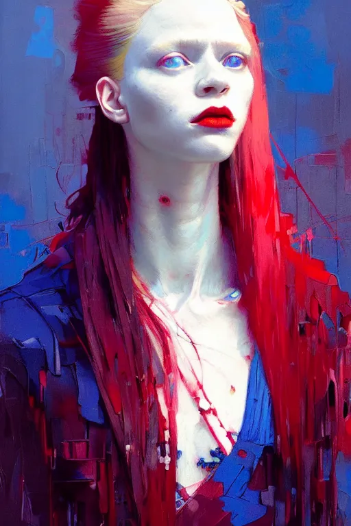 Prompt: portrait of a beautiful albino girl, long hair, shades of red and blue, beautiful face, rule of thirds, intricate outfit, spotlight, by greg rutkowski, by jeremy mann, by francoise nielly, by van gogh, digital painting