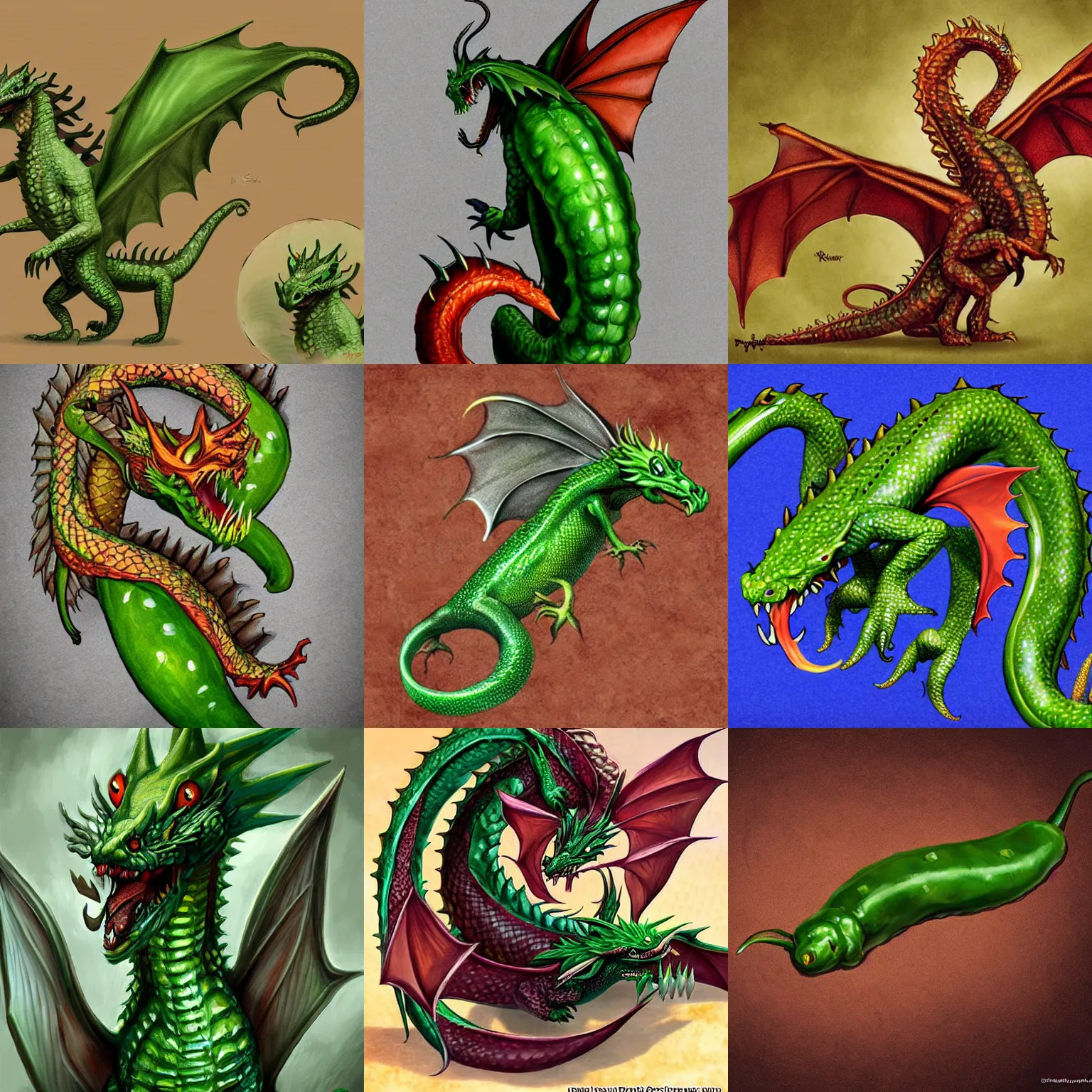 Prompt: jalapeno dragon, fantasy art, d & d, pepper dragon