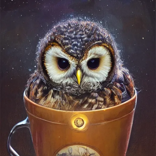 Image similar to long shot of a very cute owl chick nesting in a cup, esao andrews, by m. w. kaluta, soulful illustration, hyperrealistic, big depth of field, warm colors, night scenery, low light, 3 d octane render, 4 k, volumetric lights, intricate, smooth, cosy atmosphere, conceptart, hyperdetailed, hyperrealistic, trending on artstation