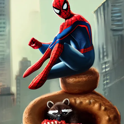 Image similar to spider - man sit on the raccoon and eating donuts, concept art, trending on artstation, highly detailed, intricate, sharp focus, digital art, 8 k