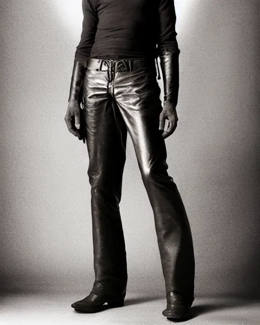 Image similar to an award - winning photo of an ancient male model wearing a plain boot cut flared distressed medieval designer menswear leather trousers designed by alexander mcqueen, 4 k, studio lighting, wide angle lens, 2 0 0 4