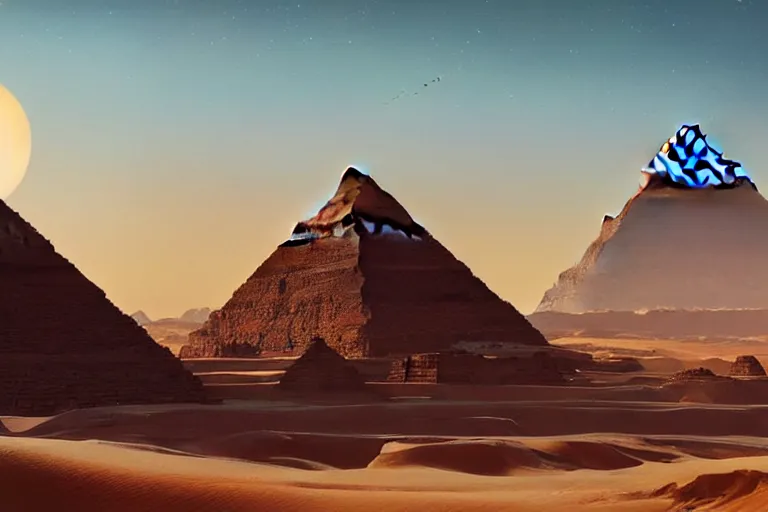 Prompt: beautiful serene landscape, egypt desert pyramids and sphinx, by raphael lacoste, low angle, wide angle, artstation