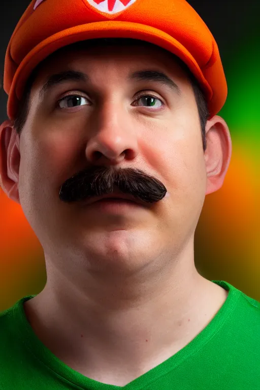 Image similar to real life Super Mario portrait photo, 30mm, bokeh, orange and green lighting, beautiful