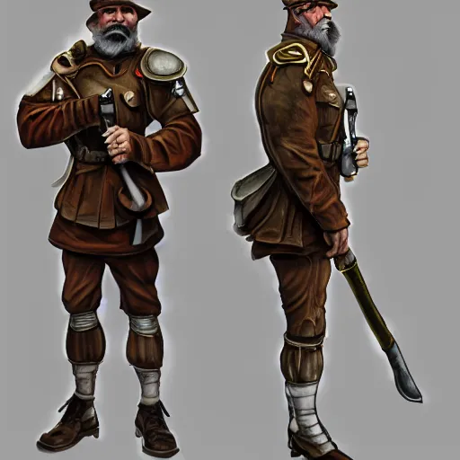 Image similar to Full body concept art of A High fantasy WW1 dwarve soldier using a enchanted bazooka trending on artstation deviantart Pinterest detailed High Resolution HD 8k