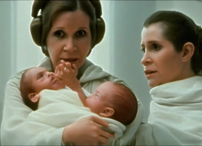 Prompt: screenshot of Princess Leia Organa holding a one newborn baby in a swaddle with Han Solo standing next to her, iconic scene from 1970s film directed by Stanley Kubrick, in a sci fi nursing home architecture, 4k HD sharp, cinematic lighting still frame, photoreal, detailed face, moody lighting, stunning cinematography, anamorphic lenses, kodak color film stock