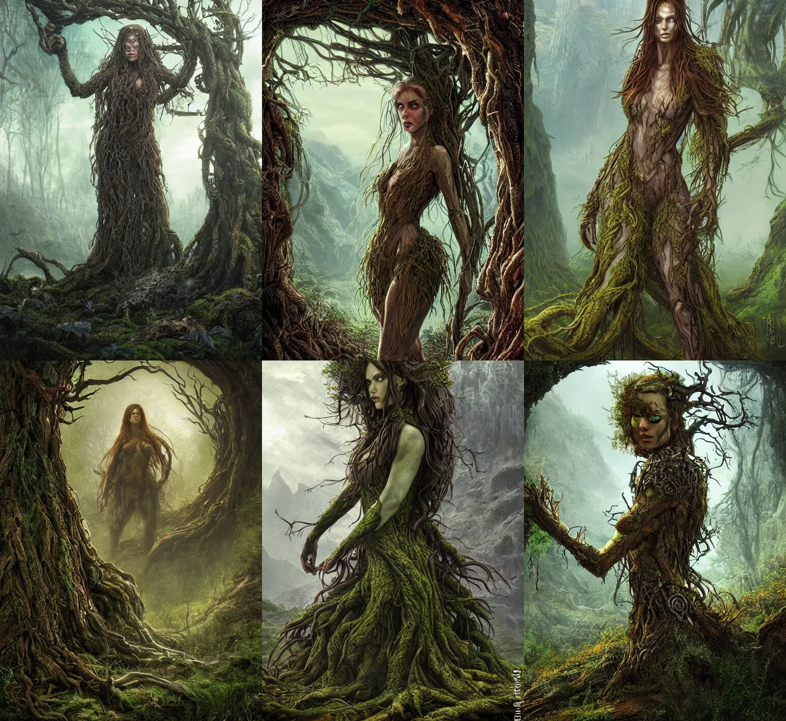 Prompt: highly detailed elden ring portrait photo of a huge dryad in a scenic dystopian environment, hyperrealistic illustration by william didier - pouget