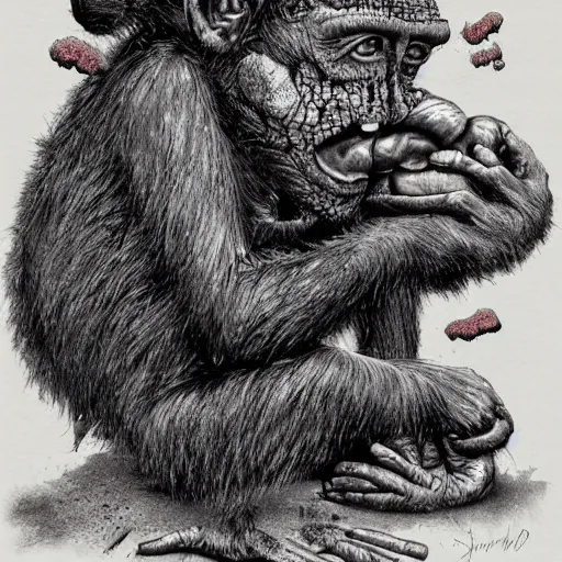 Image similar to measles on a deformed hideous pustule covered monkey, sores, bumps, skin wounds, surface hives, growths, horror, fantasy, highly detailed, by Dan Hillier