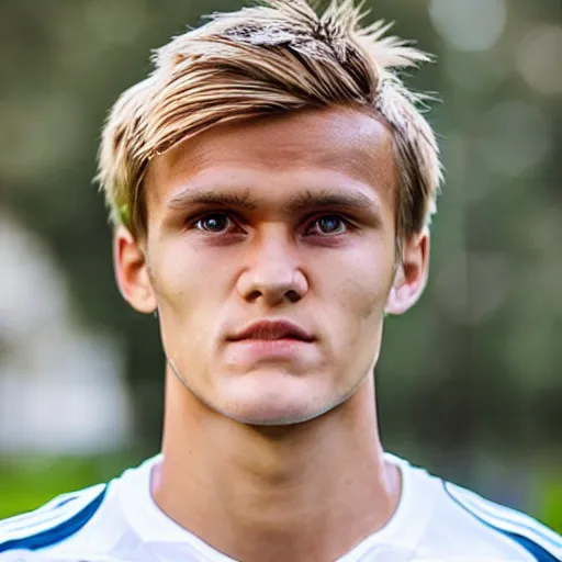 Image similar to a realistic detailed photo of a guy who is an attractive humanoid who is half robot and half humanoid, who is a male android, soccer player martin ødegaard, shiny skin, posing like a statue, blank stare, in the backyard, on display