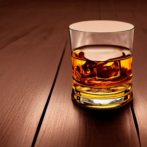 Image similar to A highly detailed digital art painting of a whiskey on a round table, volumetric lighting, 4k resolution, warm,