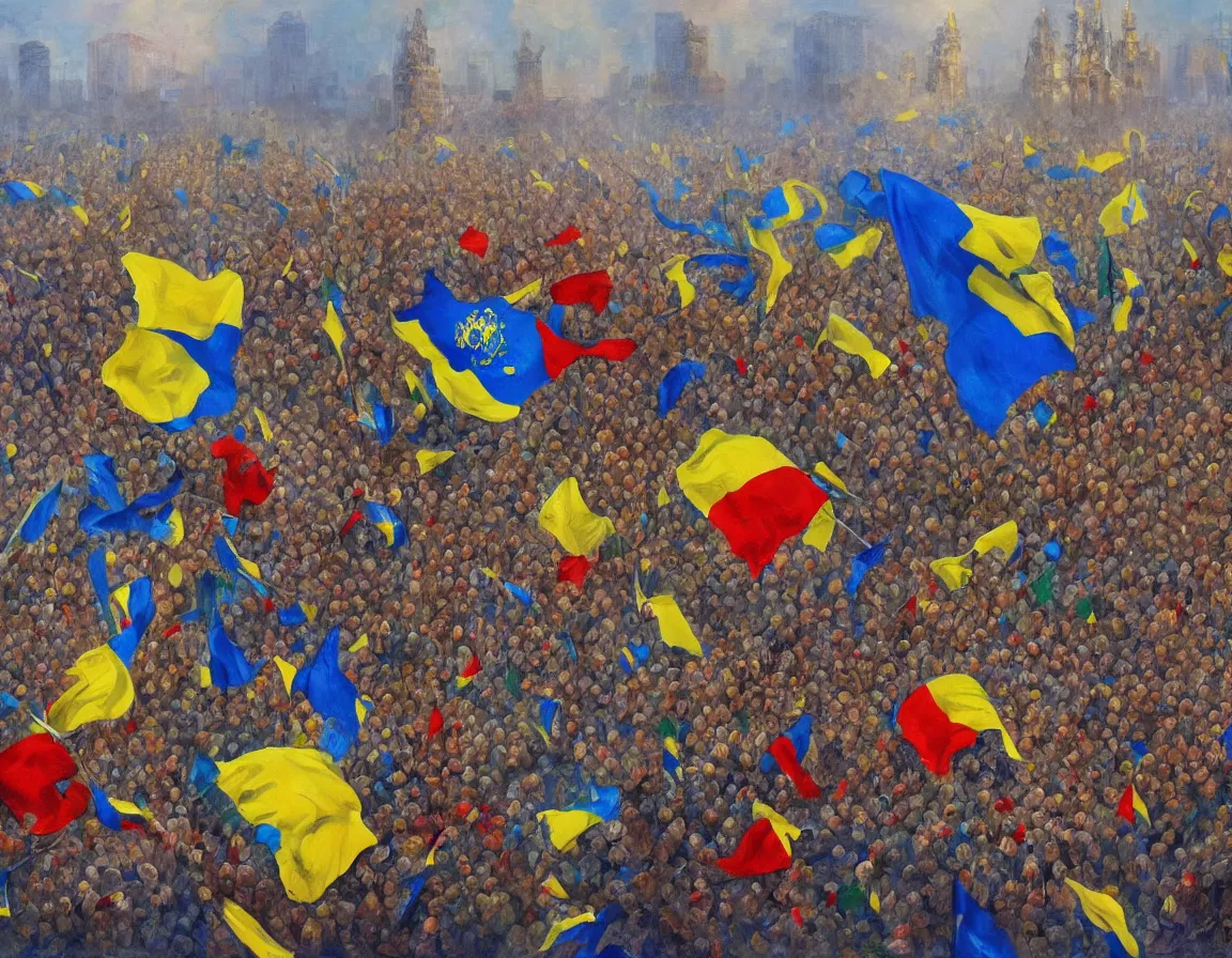 Image similar to Ukraine wins over Russia Ukraine conquers Moscow Slava Ukraine, trending on artstation, digital art, highly detailed, canvas oil painting