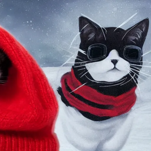 Image similar to a cat wearing a red ski mask beanie over its face with black ski goggles, photorealistic