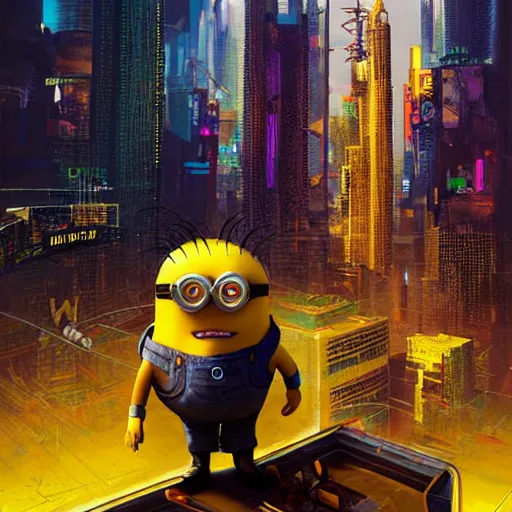 Image similar to an epic painting of giant yellow minion, destroying cyberpunk megapolis, oil on canvas, perfect composition, golden ratio, beautiful detailed, photorealistic, digital painting, concept art, smooth, sharp focus, illustration, neon lights, cyberpunk 2 0 7 7, artstation trending, octane render, unreal engine