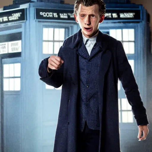 Image similar to tom holland as a rough dirty old man with a scruffy beard in a dark blue trenchcoat as the new doctor who, cinematic, volumetric lighting, f 8 aperture, cinematic eastman 5 3 8 4 film, photorealistic