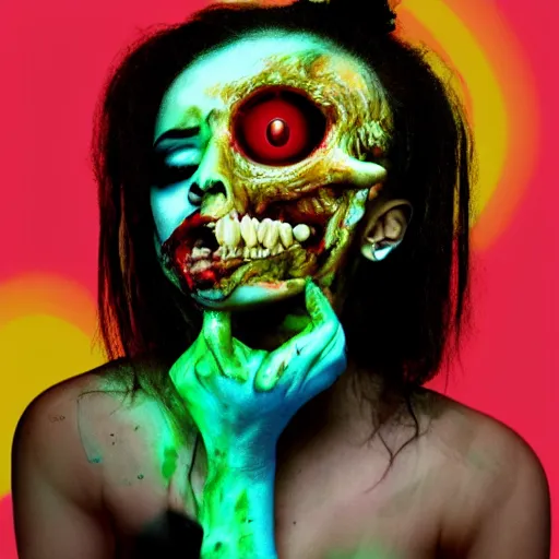 Prompt: Doja Cat zombie eating a brain