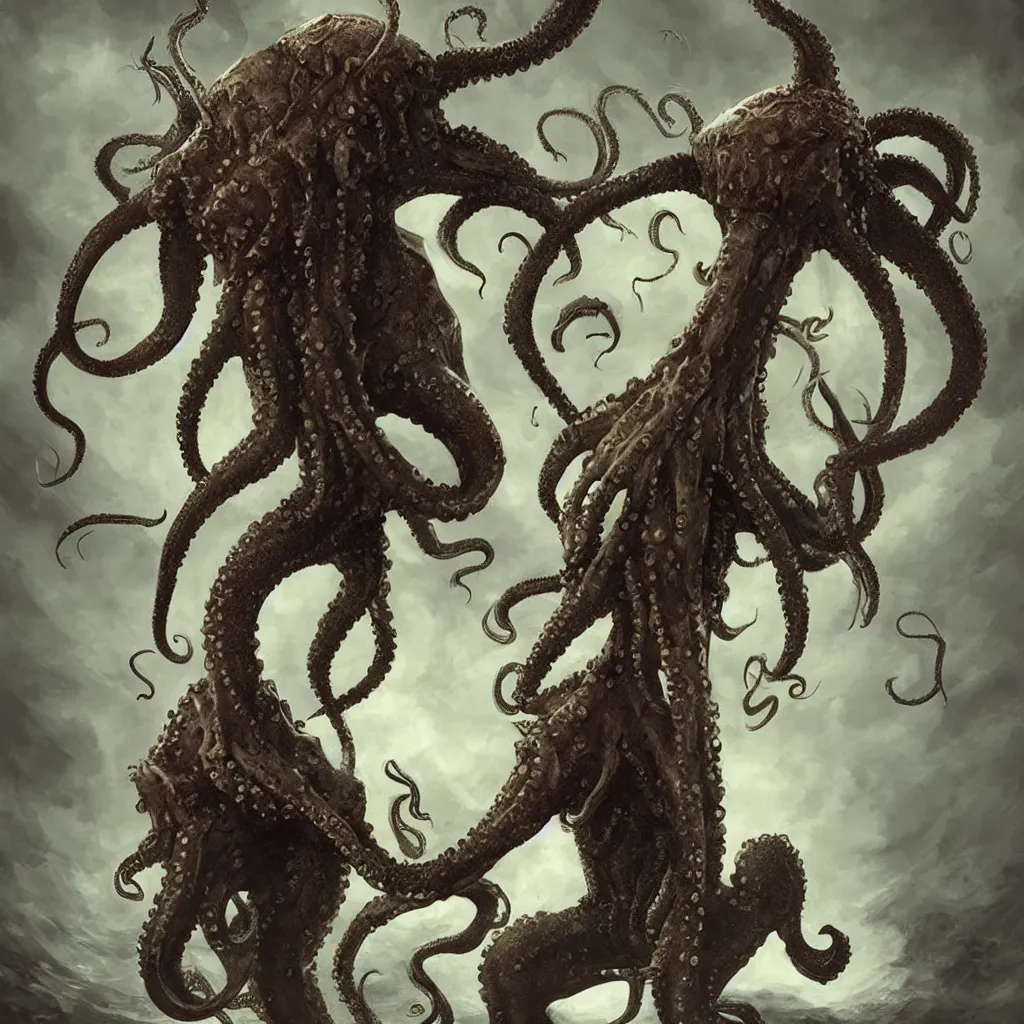 Prompt: great cthulhu, concept art, dnd, ocean, octopus head, squid head, his body is an mma fighter, humanoid, enormous, matte painting