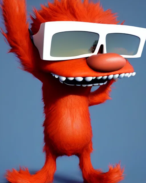Image similar to 3 d render of completely red hairy friendly antropomorphic cartoony creature wearing white ray - ban shades, full body, simple, grin square teeth with no nose, cute, white background, unreal engine 5 hdr