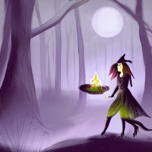 Prompt: an image of a witch performing a spell in a forest glade during the full moon, ambient lighting, concept art