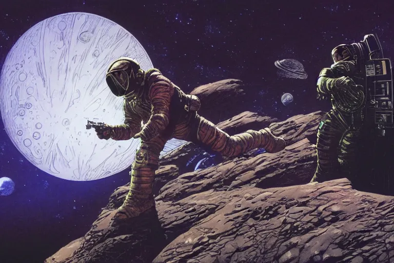 Image similar to an illustration of a space hero with a laser blaster, on a moon with Jupiter filling the background, by bernie wrightson and Moebius, 4k, highly detailed