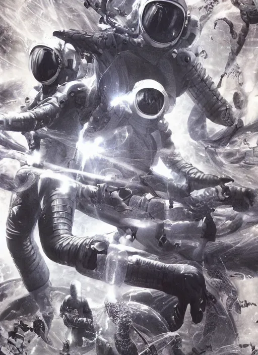 Image similar to astronauts in dark void underwater - complex and hyperdetailed technical suit. reflection and dispersion materials. rays and dispersion of light. volumetric light. f / 3 2. noise film photo. flash photography. ultra realistic, wide angle. poster by wayne barlowe, hajime sorayama aaron horkey, craig mullins