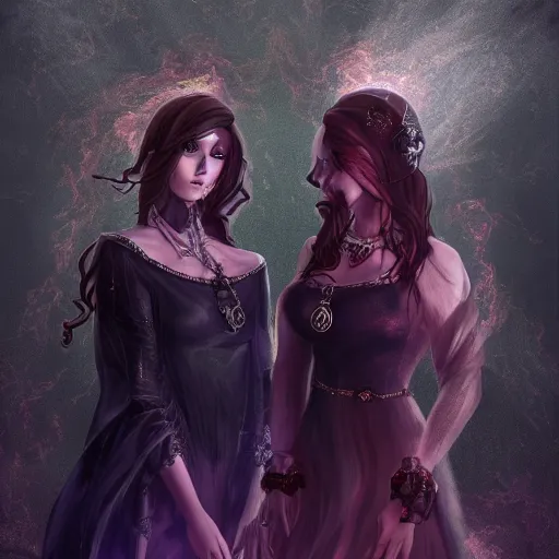 Prompt: A portrait of two Gothic goddesses of fire jewels in an empty land, dark and mysterious, volumetric lighting, lively atmospheric, cinematic, 8k, 4k, ultra detail, ultra-realistic, rendered by DeviantArt