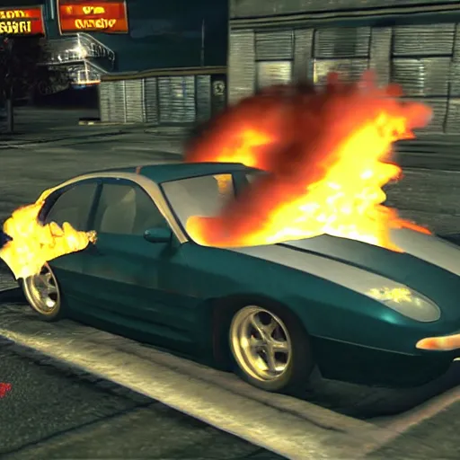 Prompt: an old car jumping over a fire, in game screenshot from need for speed ( 1 9 9 6 )