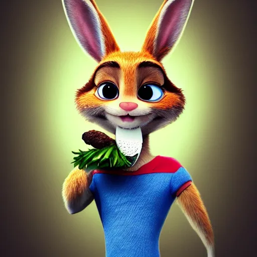 Image similar to portrait of a super cute bunny, eating a carrot, pixar, zootopia, cgi, blade runner. trending on artstation, smiling, friendly