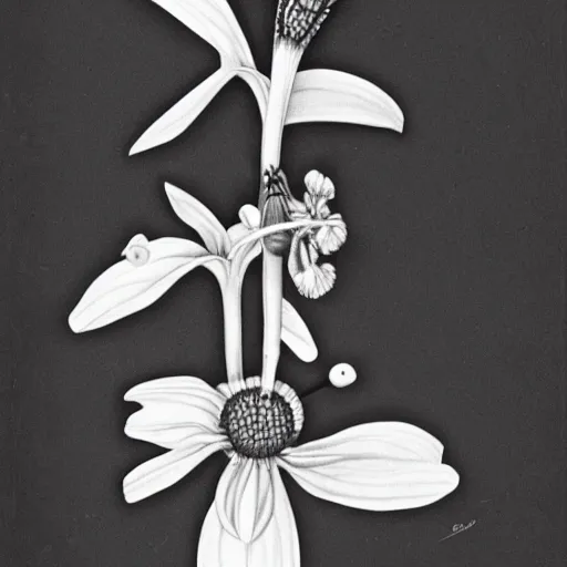 Prompt: bug, black and white, botanical illustration