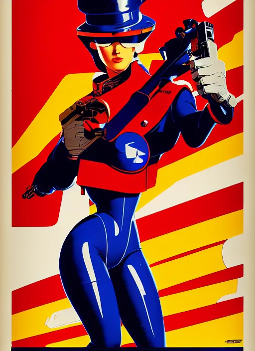 Image similar to american propaganda poster art. powerful cyberpunk pilot. portrait by jean giraud and anton otto fischer and john philip falter and will eisner and gil elvgren and pixar. full body. realistic proportions. science fiction d & d. overwatch, rb 6 s, cyberpunk 2 0 7 7, blade runner 2 0 4 9 concept art. cel shading. thick lines.