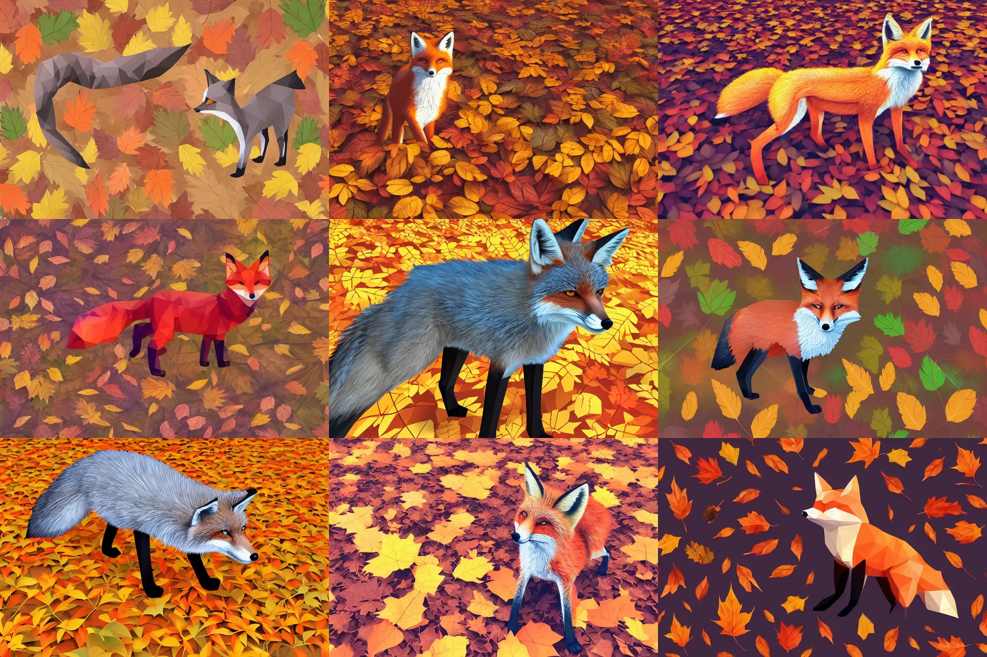 Prompt: super detailed long lowpoly fox standing on hyper detailed lowpoly autumn leaves autumn leaves autumn leaves autumn leaves